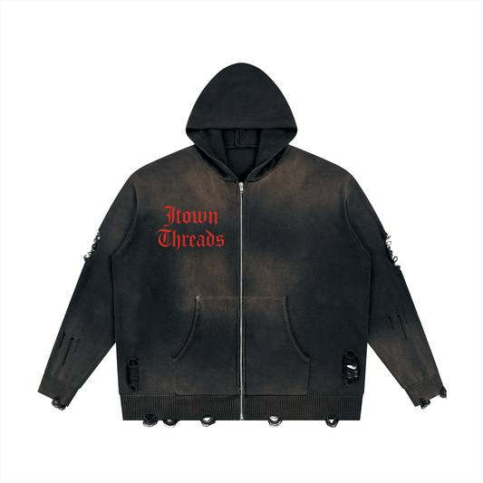 Unisex Distressed Full Zip Sweater
